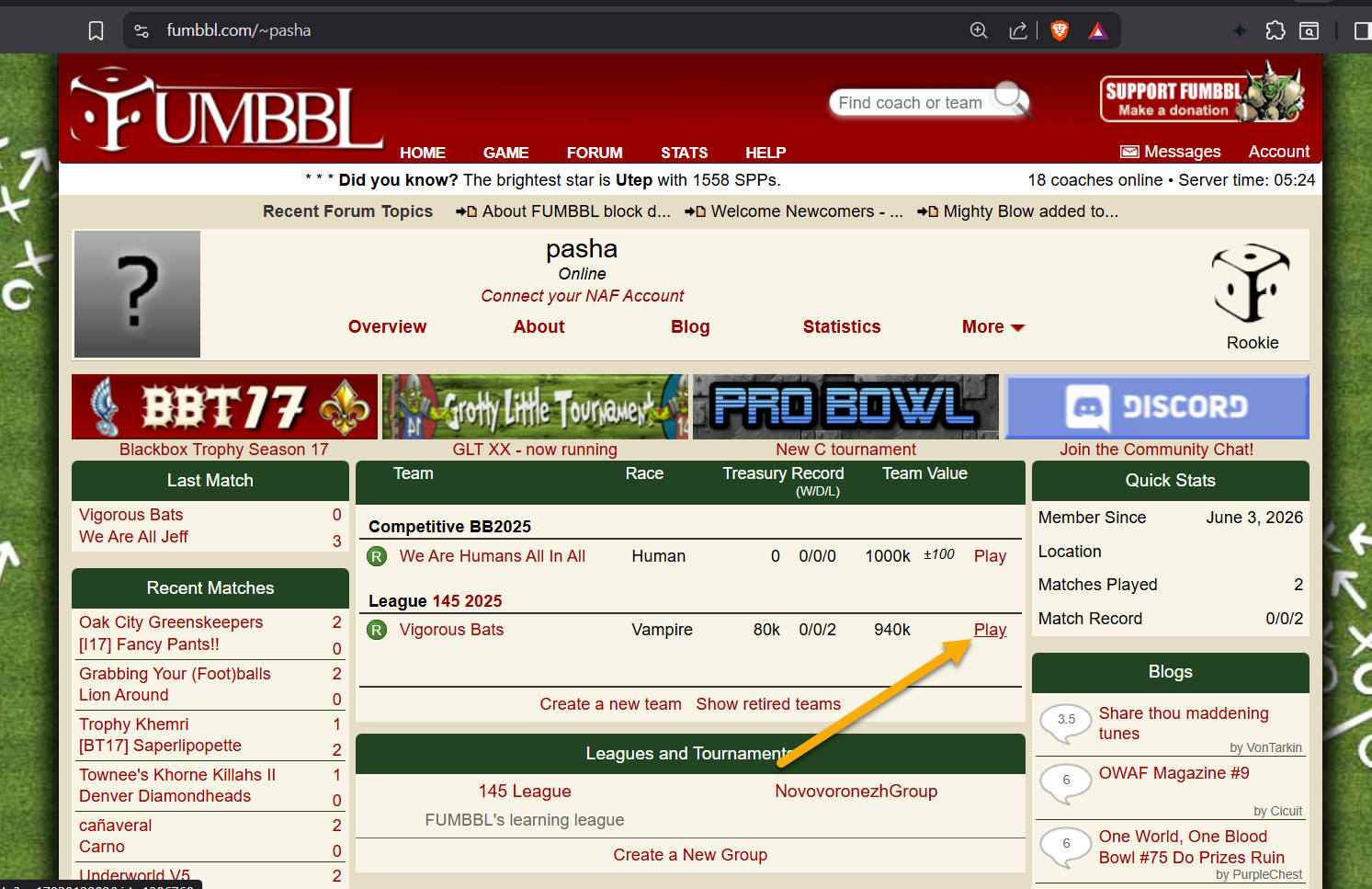 Captura de tela da janela do fumbbl.com para baixar o arquivo jnlp.