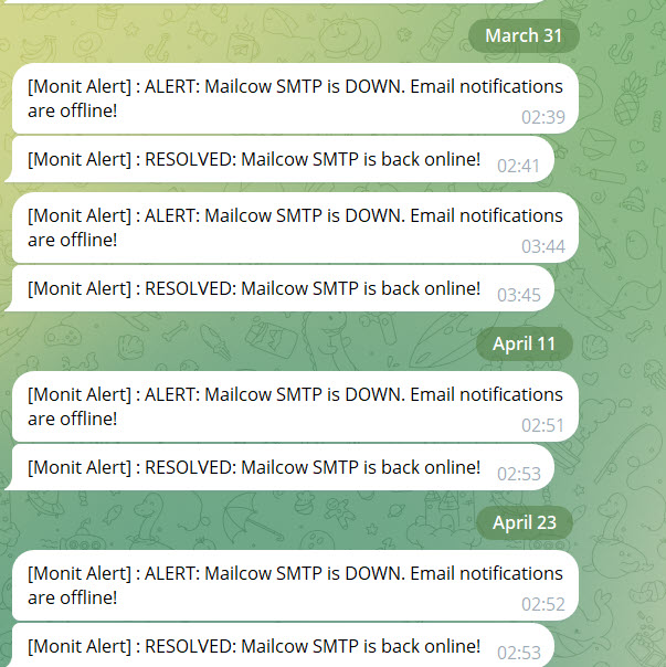 Notificação do monit sobre o servidor de e-mail parado no Telegram.