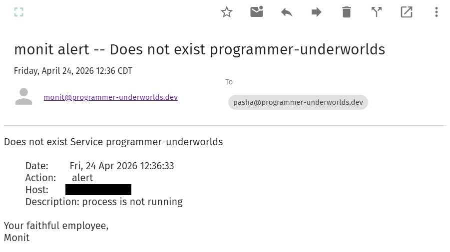 E-mail do monit sobre o processo programmer-underworlds parado.
